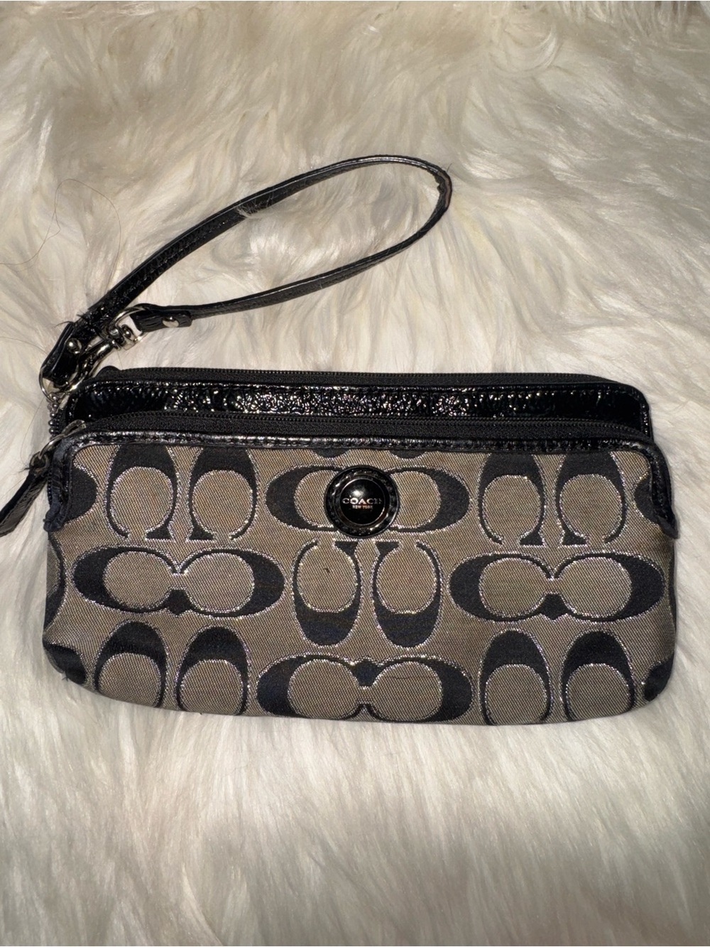 Coach Monogram Wristlet in Taupe and Black